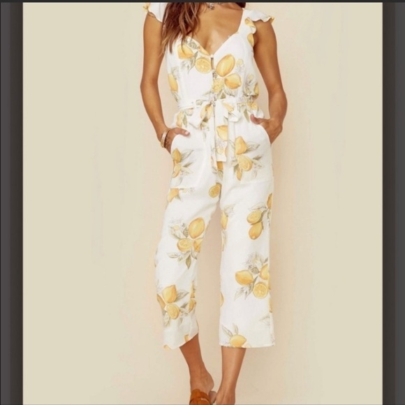 For Love & Lemons Limonada Lemon Crop Jumpsuit Sz XS Flutter Sleeves Belted GUC - Picture 1 of 14